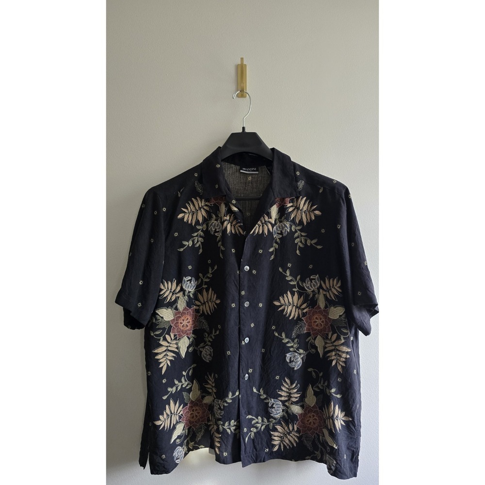 Brandini‎ Pure Silk Hawaiian Camp Shirt Mens XL Black Floral Button Up Resort
